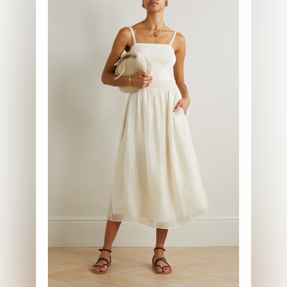 Vince Smocked Mixed Media Tencel Midi Dress